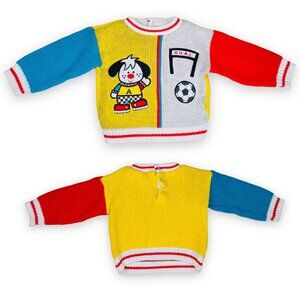 Vintage Color Block Soccer Puppy Long Sleeve Knit Chunky Sweater 24m / 2T